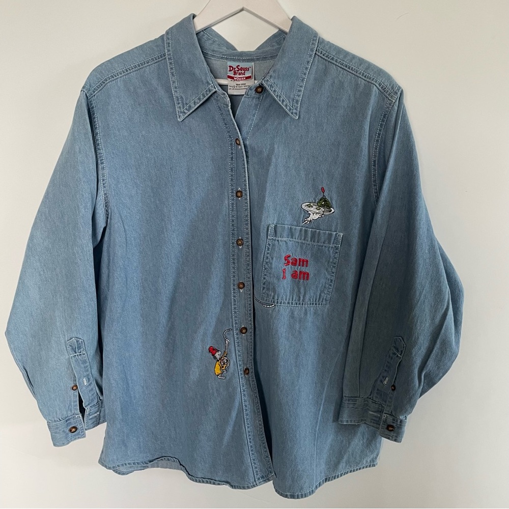 Vintage Dr Seus Sam I Am Green Eggs & Ham Denim Long Sleeve Shirt SZ 18W/20W